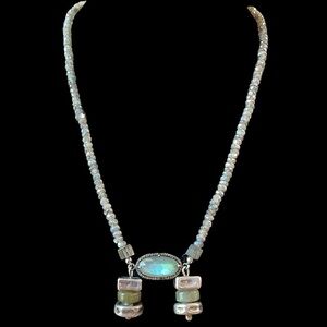 Sterling Silver Labradorite Brutalist Blue Glowing Vintage Bead Necklace